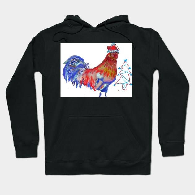 Christmas Rooster Watercolor Painting Hoodie by SarahRajkotwala